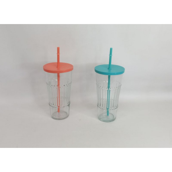 VASO VIDRIO CON TAPA + SORBETE 650cc 02508