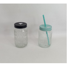 VASO VIDRIO TEXTURADO C/TAPA + SORBETE 470cc 02508