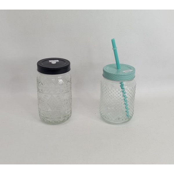 VASO VIDRIO TEXTURADO C/TAPA + SORBETE 470cc 02508