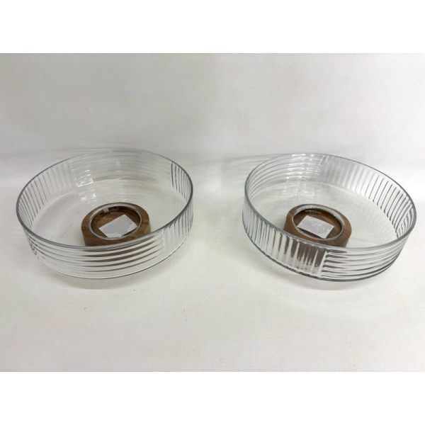 BOWL VIDRIO REDONDO BASE MADERA28X12cm 6413