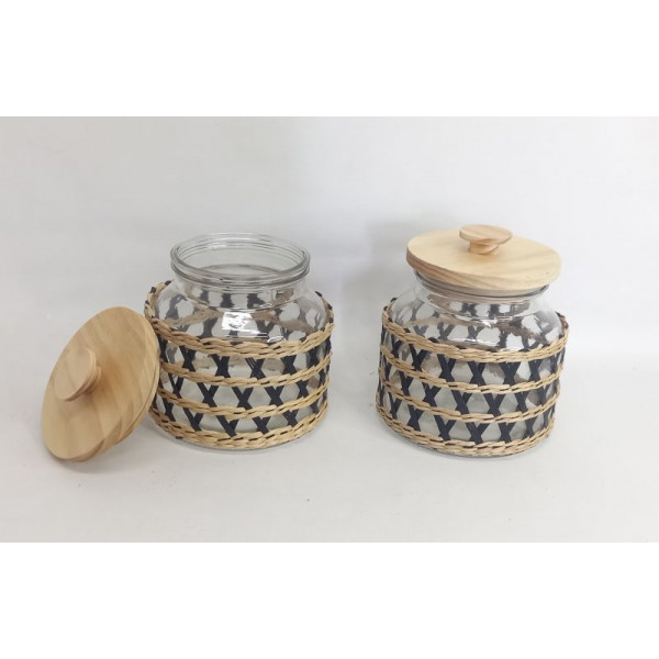 FRASCO VIDRIO HERMETICO T/BAMBOO C/MALLA MIMBRE RED 18X16cm 5485