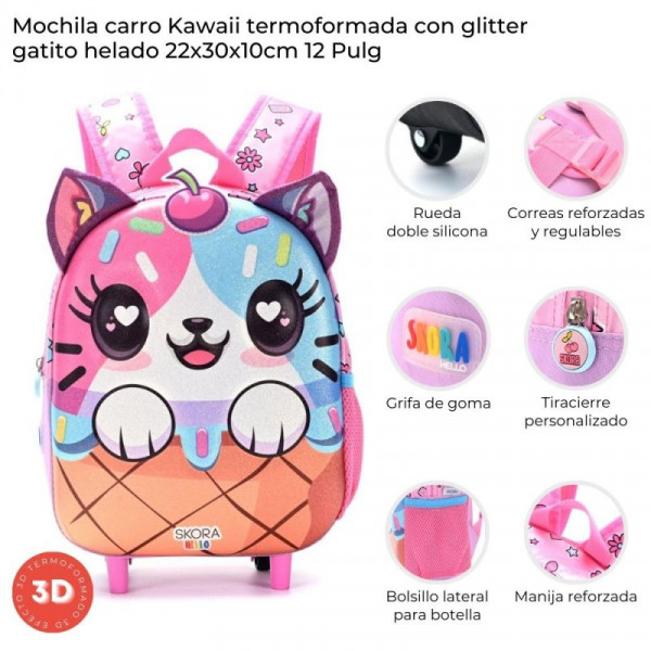 MOCHILA CARRO KAWAII TERMOFORMADA GATITO HELADO 12 42165