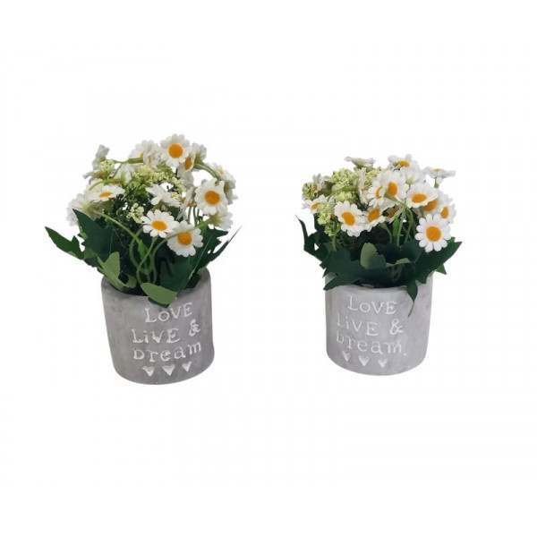 PLANTA CON MACETA DE PIEDRA GRIS MARGARITAS 15X7cm  1148