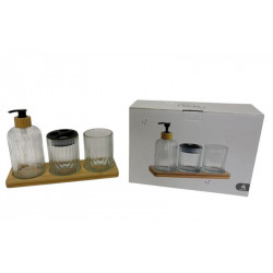 DISPENSER P/BAÑO SET X3 VIDRIO TEXT C/BAND BAMBU 28cm 5822