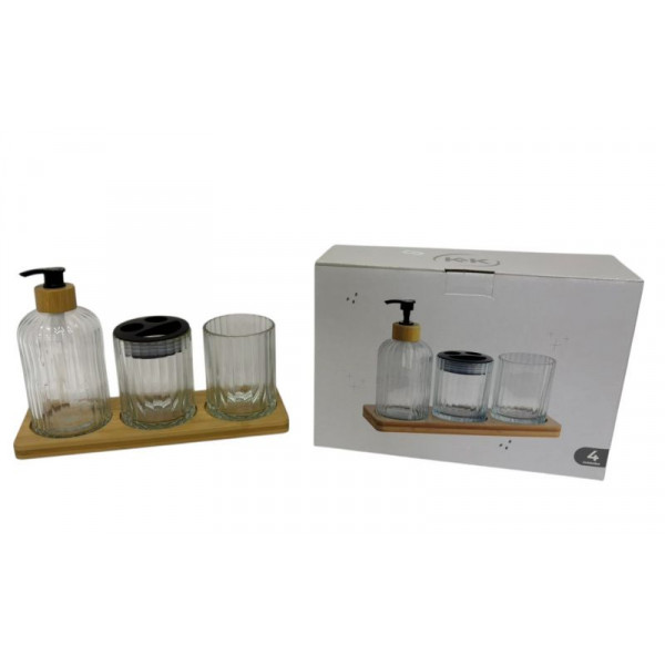 DISPENSER P/BAÑO SET X3 VIDRIO TEXT C/BAND BAMBU 28cm 5822