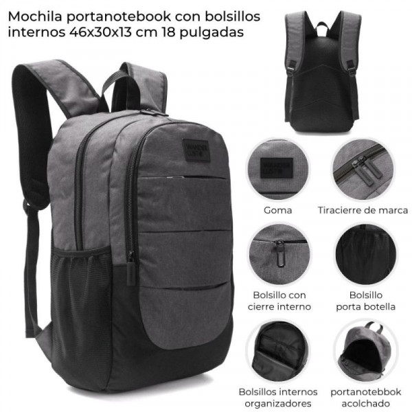 MOCHILA PORTANOTEBOOK CON BOLSILLO 18 GRIS/NEGRO  42854