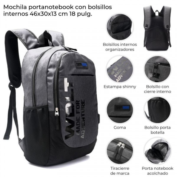 MOCHILA PORTANOTEBOOK CON BOLSILLO 18 GRIS  42848
