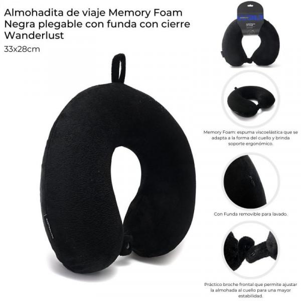 ALMOHADA DE VIAJE PLEGABLE MEMORY FOAM NEGRO 33X28cm 38302  WDLT