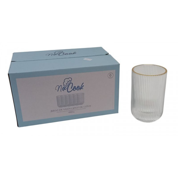VASO VIDRIO TEXTURA  ACANALADA TRANS.BORDE DORADO X6 450ML 6819