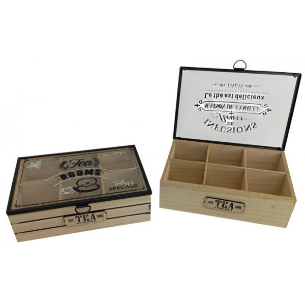 CAJA DE TE  6 DIVISIONES MADERA TAPA DE VIDRIO 24X17X8 413803