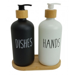 DISPENSER JAB LIQ X2 VIDRIO +BASE BAMBU 20X10X18CM 411705