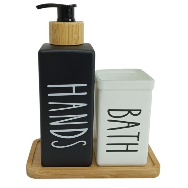 DISPENSER VIDRIO SET X2 + BANDEJA BAMBOO CUAD 20X10X18cm  411704