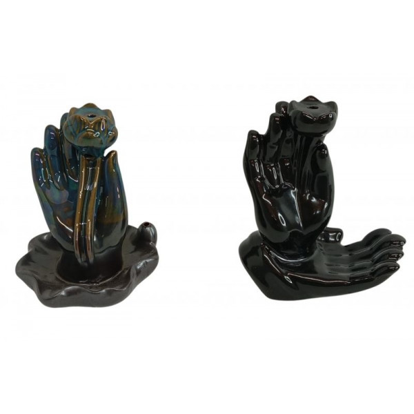 PORTA SAHUMERIO CERAMICA MANO CON FLOR 12CM 402121