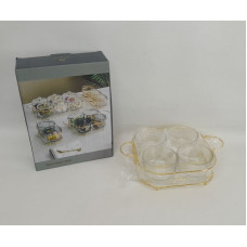COPETINERO BASE METAL DORADA + 4 BOWLS DE VIDRIO 25X25CM 23171