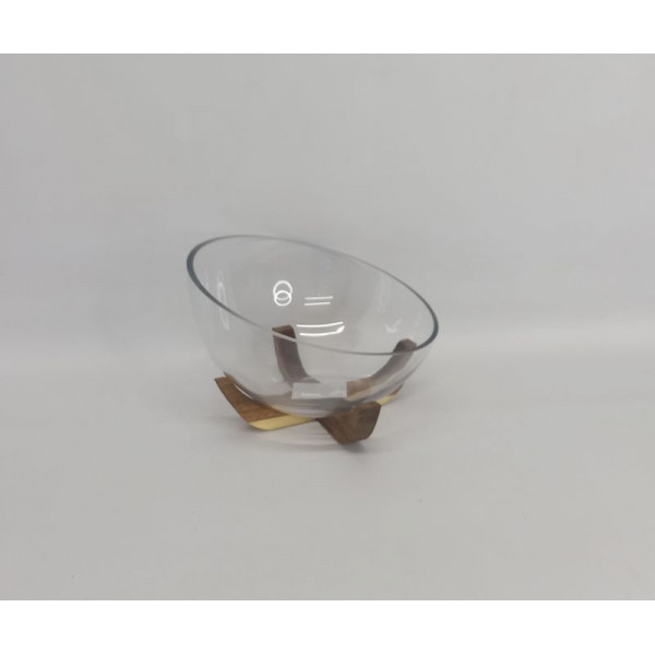 BOWL VIDRIO CON BASE DE MADERA REDONDO INCLINADO 23X15CM CA6385